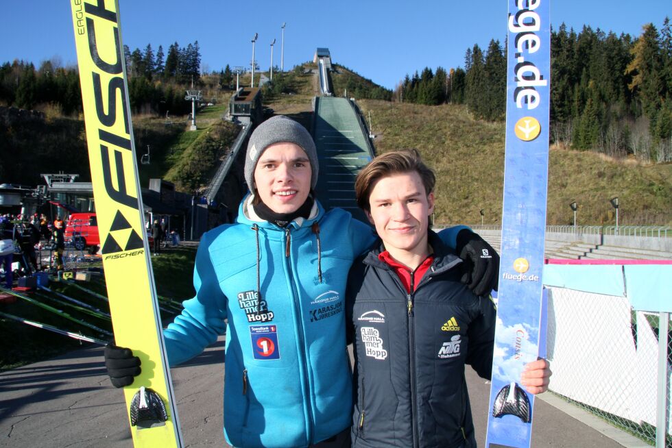 Ole Mathis Nedrejord var langt mer fornøyd enn klubbkamerat Lemet Nystad etter norgescupåpningen i hopp i Vikersund.
 Foto: Svein Halvor Moe