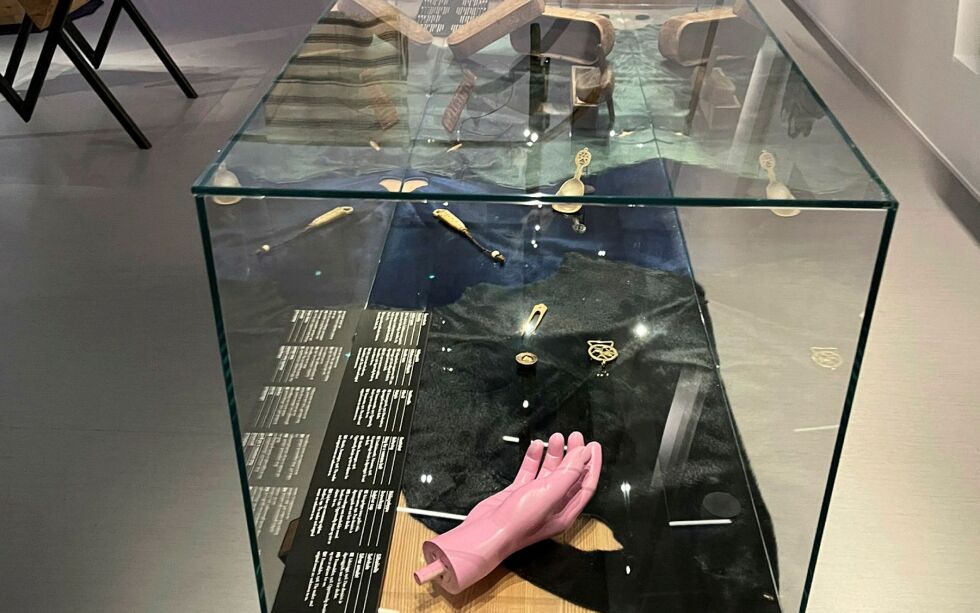 En rosa hånd er plassert blant Bååstede-gjenstandene. Arkitekt og kunstner Joar Nango har designet utstillingen.
 Foto: Elin M. Wersland