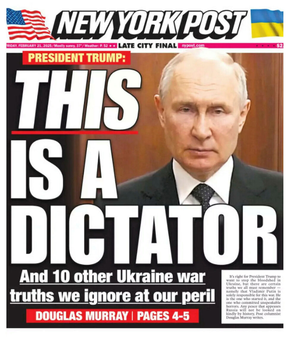 Faksimile fra forsiden til den Trump-vennlige avisa New York Post 21.2.25