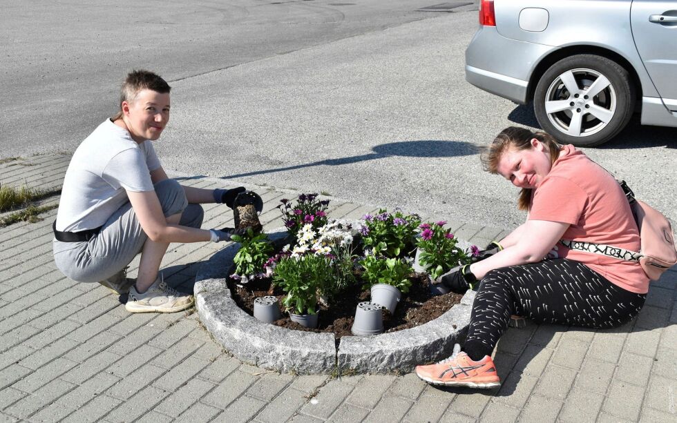 Lill-Hege Sundal og Christina Jakobsen synes det er herlig å plante blomster i sommervarmen på torget i Lakselv.
 Foto: Sara Olaussen Stensvold