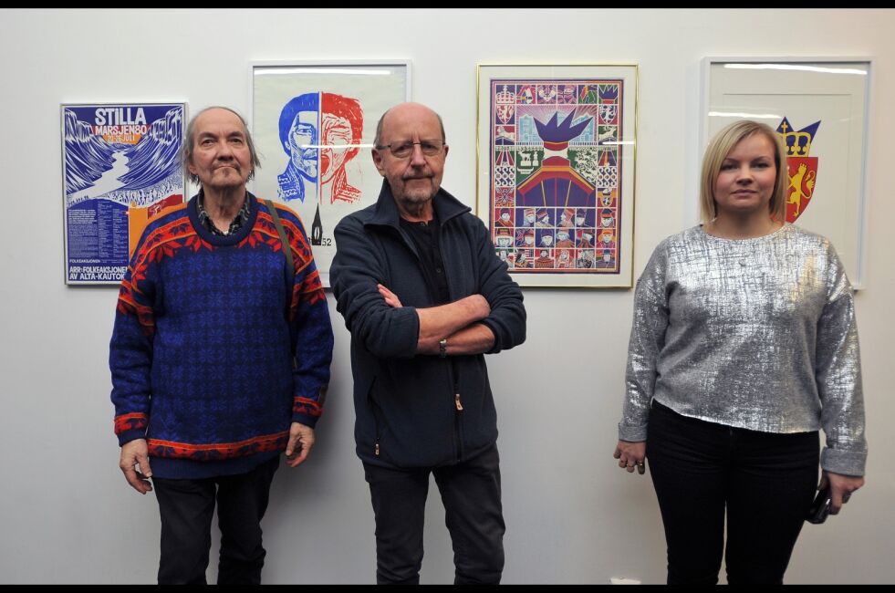 Hans Ragnar Mathisen, Arvid Sveen og Máret Ánne Sara viser frem flere av sine verker på Galleri Snerk frem denne uka.
 Foto: Erik Brenli