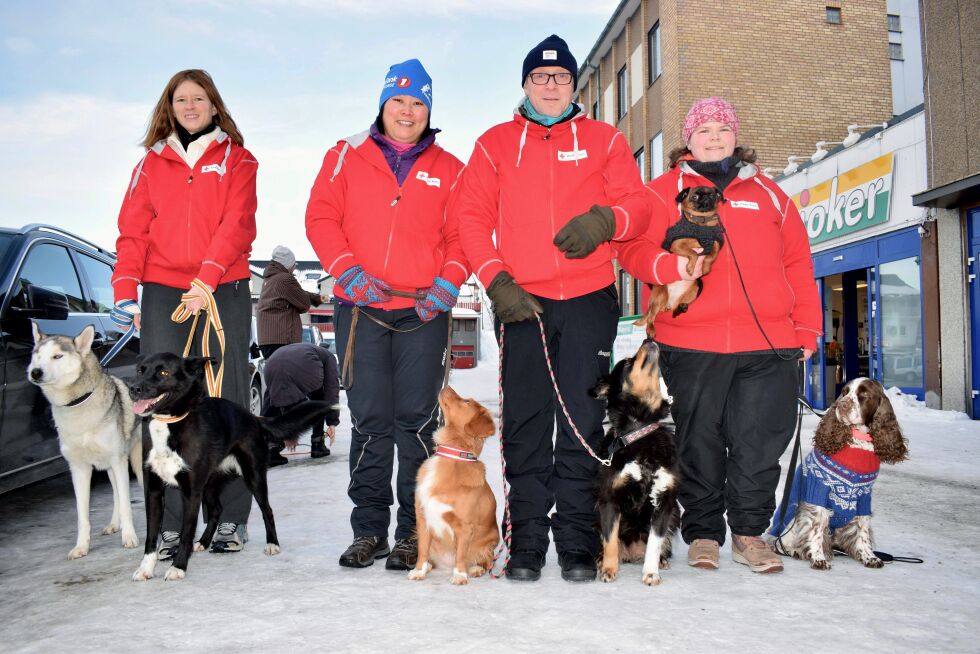 Bjørg Edberg (fra venstre) med Rago og Alaska. Linn Smith med Tampa. Tor Arne Henriksen med Nelli. Marte Clausen med Kiwi (på armen) og Erah.
 Foto: Birgitte Wisur Olsen