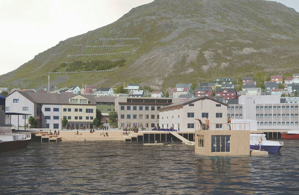 Trans­border Stu­dios skisse av torg med fly­te­bryg­ger og bad­stue før Nord­kapp­re­gi­on­en havn IKS arran­gerte kon­kur­ran­sen som ble vunnet av sty­re­le­de­ren selv, Lars Helge Jen­sen (H).
 Foto: Transborder Studios AS
