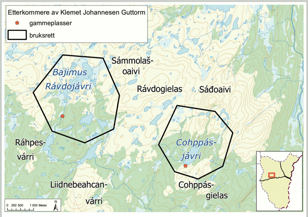 Dette er området etterkommerne av Klemet Johannesen Guttorm krever bruksrett til. Inne i områdene er et par gammer de krever eiendomsretten til. FeFo er imot eiendomsrett. Områdene ligger rett nord for Jergul og omkring 30 kilometer vest for Karasjok.
 Foto: Skjermdump