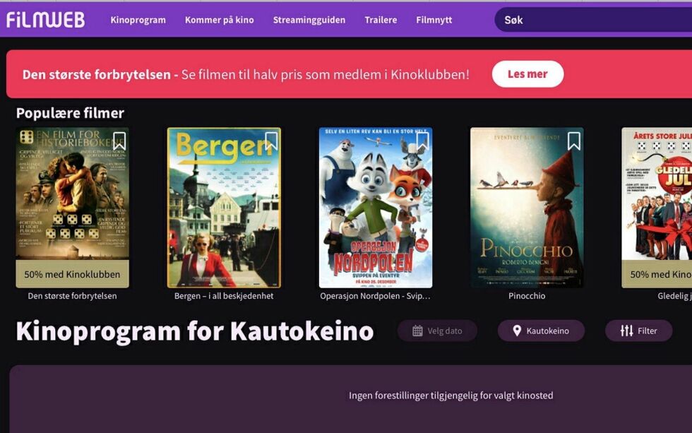 Kau­to­kei­no kino har drifts­stopp, et­ter at dis­pen­sa­sjo­nen fra brann­for­skrif­te­ne gikk ut ved års­skif­tet. Sak­en er til be­hand­ling hos kom­mu­nen. Foto: Skjerm­dump.