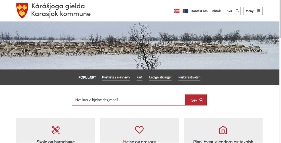Slik ser Karasjok kommunes hjemmeside ut etter fornyelsen.
 Foto: Skjermdump