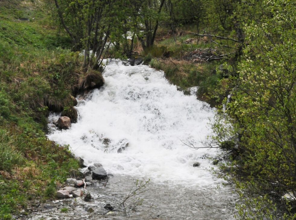 Bekken fra Førstevannet får god fart på seg ned den gamle hoppbakken, og med mye vann i modervannet danner det seg et vakkert brudeslør før vannet går i rør.
 Foto: Hallgeir Henriksen