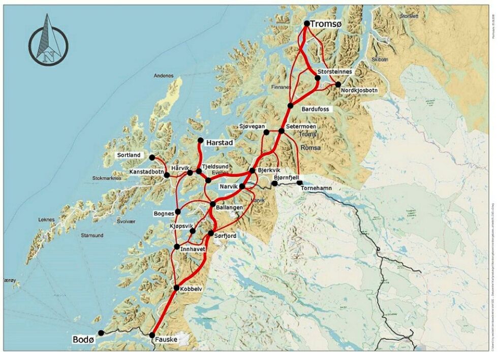 Omtrent her skal banen med det noe misvisende navnet gå. Nord-Norgebanen stopper i Tromsø. Kartskisse Jernbanedirektoratet