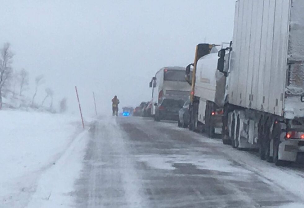 Det har oppstått lange bilkøer ved rasstedet i Tusenvika ved Høybuktmoen.
 Foto: Privat