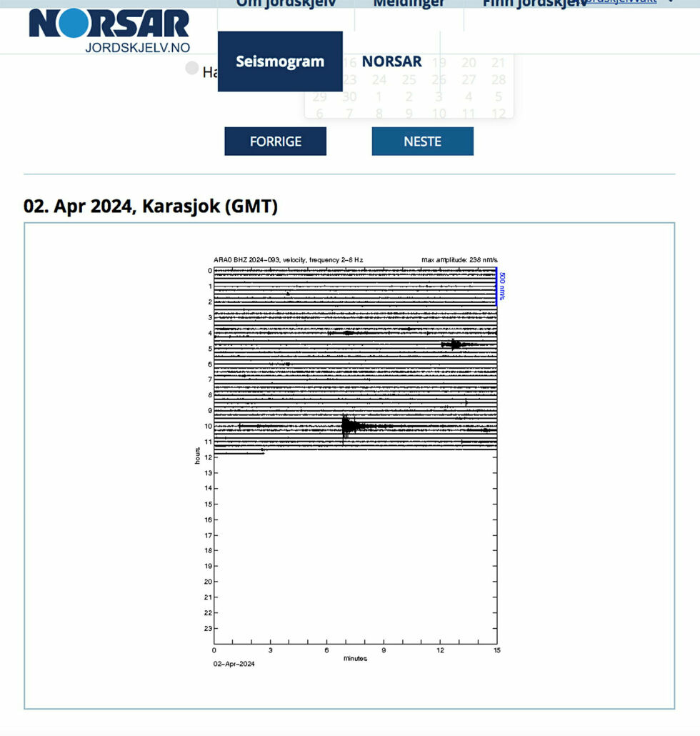 Det­te er rys­tel­sen som ble re­gist­rert av Norsars må­le­sta­sjon tirs­dag mor­gen.
 Foto: Skjermdump