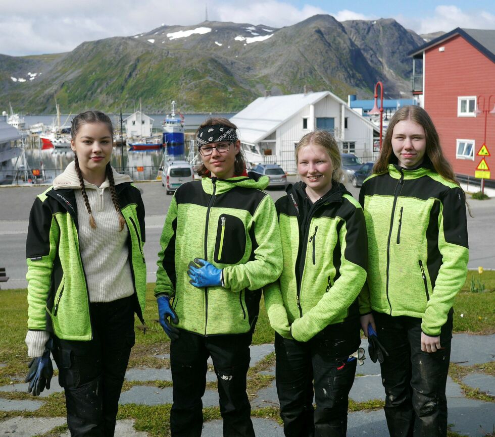 De har stått på i fire uker for å gjøre Honningsvåg; «Norges sommerby», finere. Fra venstre Gunn Helen Eliassen (16), Thomas Dreyer (16), Johanne Karlsen (16) og Ine Kristiansen (15). Foto: Geir Johansen