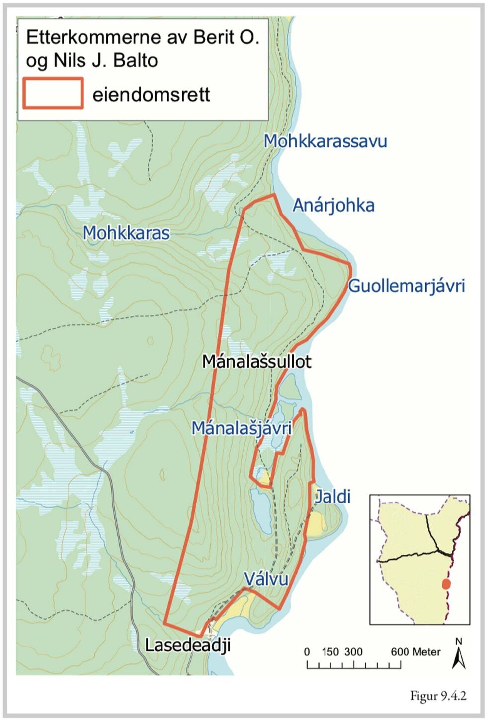 Etterkommerne til Berit og Nils Johnsen Balto krever eiendomsrett til et areal på 1,5 kvadratkilometer i Anárjokdalen. Balto-familien fikk medhold fra en enstemmig Finnmarkskommisjon, men tapte mot FeFo i utmarksdomstolen.
 Foto: Kart
