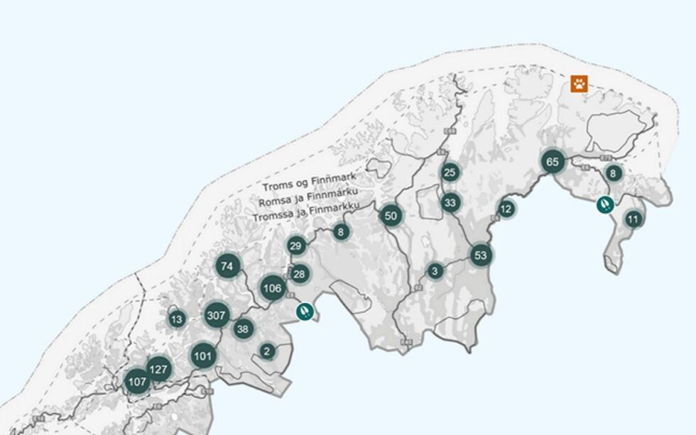 Kartet viser hvor viltpåkjørslene de siste fem årene har skjedd i Troms og Finnmark.