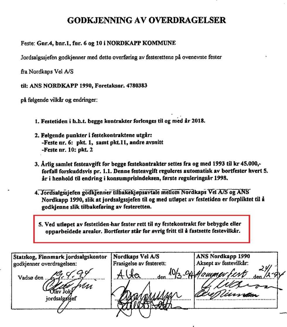 Av­ta­len fra 1994 mel­lom Finn­mark jordsalgskontor og ANS Nord­kapp 1990. Den nye be­stem­mel­sen om for­len­gel­ses­rett for be­byg­de el­ler opp­ar­bei­de­de are­a­ler er inn­ram­met med rødt.