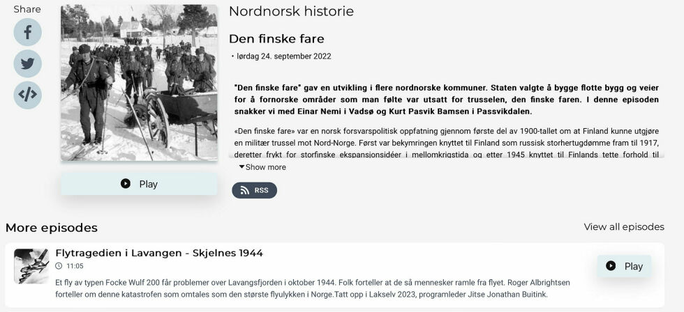 Nordnorsk historie runder 100 episoder, her ved én av dem om «den finske fare».
 Foto: Skjermdump