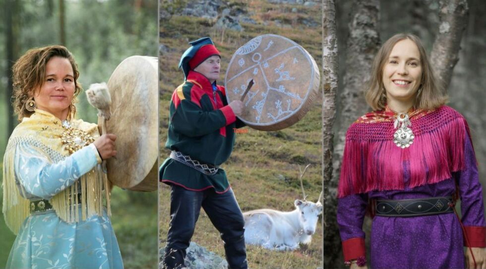 Fra venstre tradisjonsjoikerne Bigga Aikio, Niiles-Jou­ni Aikio og Lau­ra Tapiola kommer til Ijahis Idja.
 Foto: Pressebilde