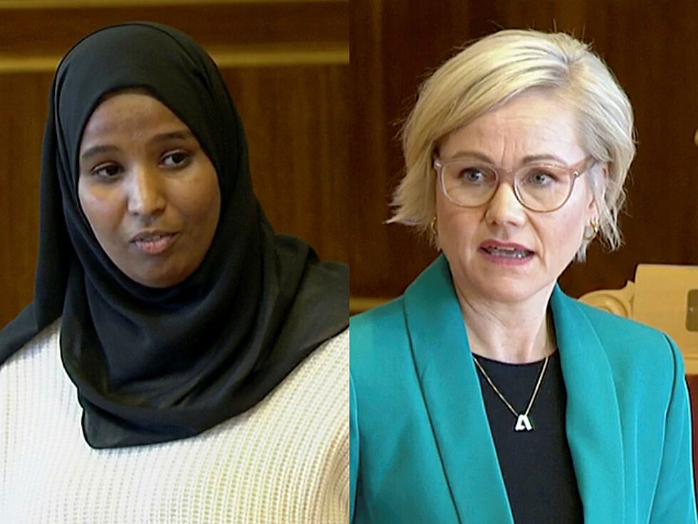 Marian Hussein vs. helse- og omsorgsminister Ingvild Kjerkol (Ap).
 Foto: Skjermbilder fra stortinget.no