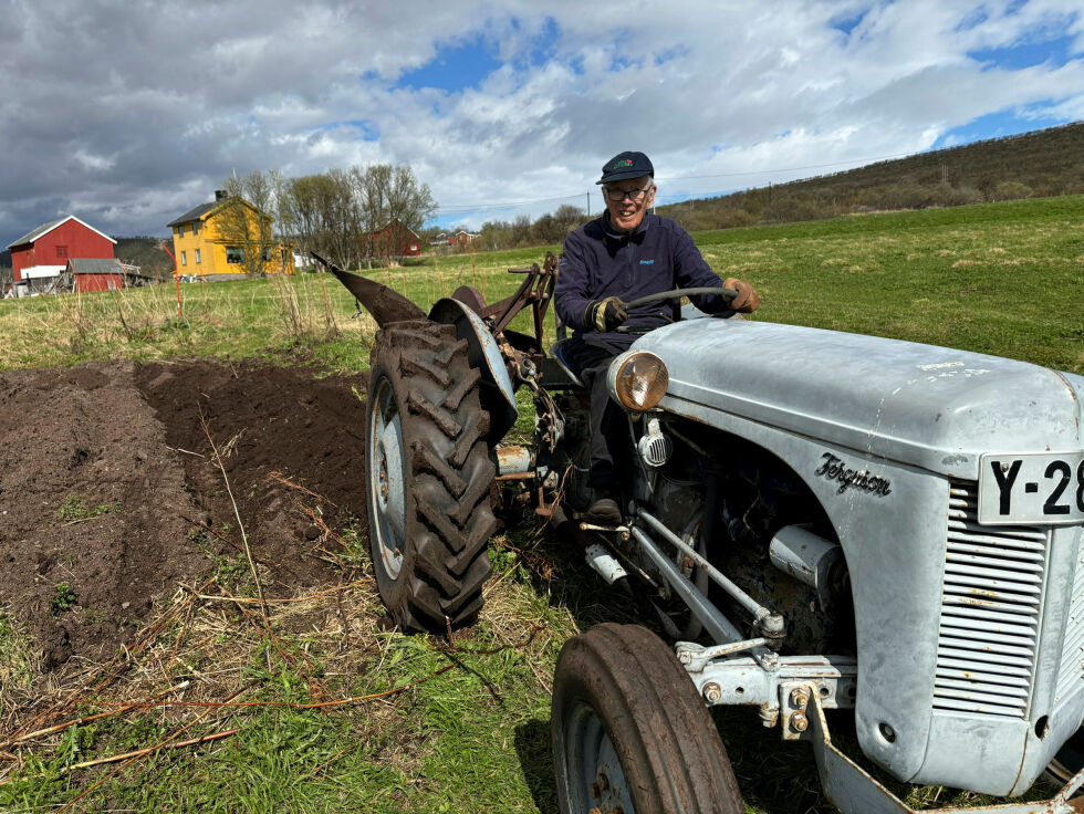 Alder er tydeligvis bare et tall når det gjelder potetbonden og traktoren. Per Andersen er 93 år gammel og også traktoren har passert pensjonsalderen med mange år. Ferguson, også kalt Gråtass, er 71 år gammel.
 Foto: Thor Thrane