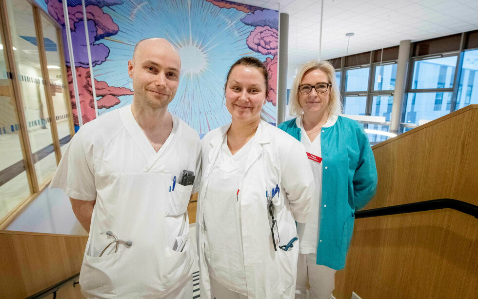 Sigmund Lindkvist, overlege ved medisinsk avdeling, Terese Flåten ved LIS2 medisinsk avdeling og Trine Strand Pedersen på intensivavdelingen. På veggen i bakgrunn ser man en del av en sammenhengende frise på veggene i hovedtrappen som er laget av Johannes Høie. Verket heter «Syklus/Áigodat».
 Foto: Cecilie Bergan Stuedal