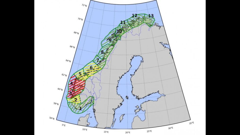 Her er "trafikklysene" for rødfiskoppdrett fra regjeringen. Som man ser, er hele Nord-Norge grønt. Der tillates økt oppdrettsvirksomhet.