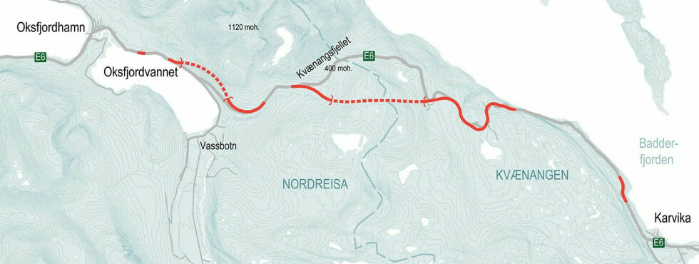 Hele den nye E6 over Kvænangsfjellet i Troms er nå ferdig. De siste 2460 meterne, Mettevolltunnelen, er straks farbar. Strekket består i tillegg av Kvænangsfjelltunnelen på hele 3.400 meter, og 8,6 kilometer ny vei.
 Foto: Nye Veier