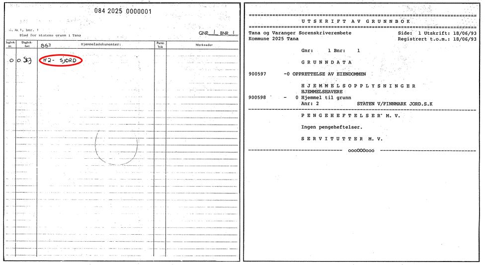 FAKSIMILE AV GRUNNBOKBLAD FOR GNR 1 BNR 1 I TANA:
Til venstre det manuelle grunnbokblad (oppretta 1985) og til høyre utskrift av elektronisk grunnbok (oppretta 1993). Legg merke til at det manuelle grunnbokbladet med håndskrift er påført en fiktiv skjøtekode «H2- SJORD», som medførte at staten v/ Finnmark jordsalgskontor uten tinglysing ble registrert i elektronisk grunnbok som hjemmelshaver nr 2. Hvem er hjemmelshaver nr 1, den opprinnelige eier, som har overdratt hjemmelen uten tinglysing?