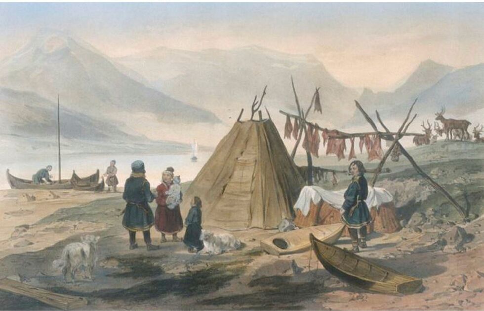 August Mayers håndkolerte litografi «Sametelt på Ovnene, Magerøya» (1838).