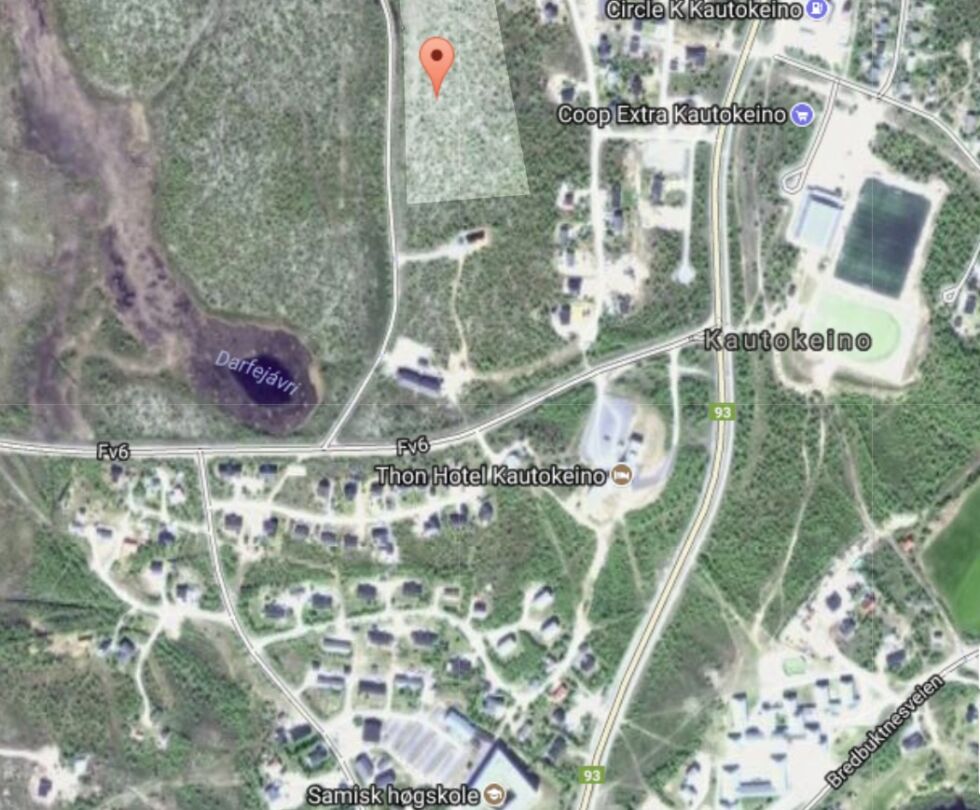 Teate helt på høyden. Thon, Diettosiida og flerbrukshall kan få Beaivváš, og kanskje Samisk videregående skole, som nabo.
 Foto: google maps