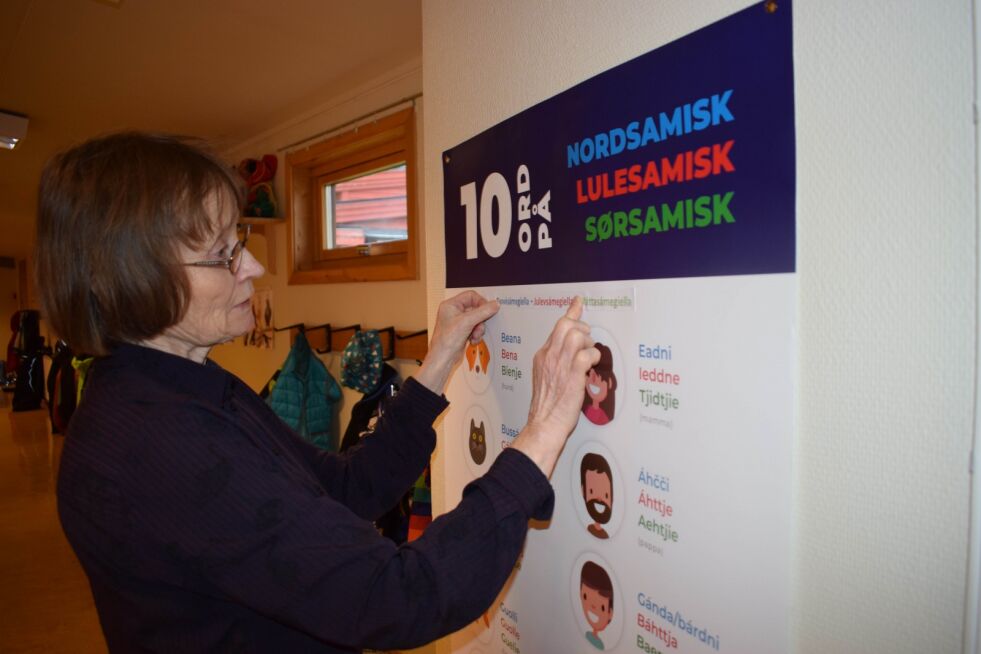 Virksomhetsleder Sonja Guttorm synes det burde vært samiske overskrifter på plakater laget til samisk språkuke.
 Foto: Birgitte Wisur Olsen