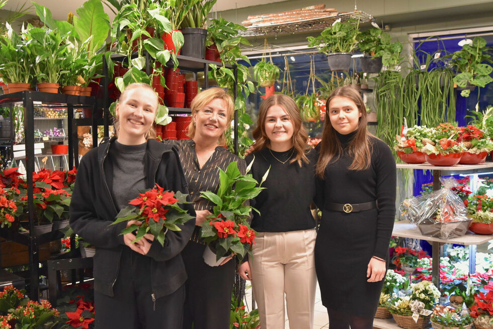 Kreative damer på Kreativ Blomster & gaver snitter blomster så stilkene nærmest flyr veggimellom siste dagene før jul. Julestjerner og juledekorasjoner er svært populært.
 Foto: Sara Olaussen Stensvold