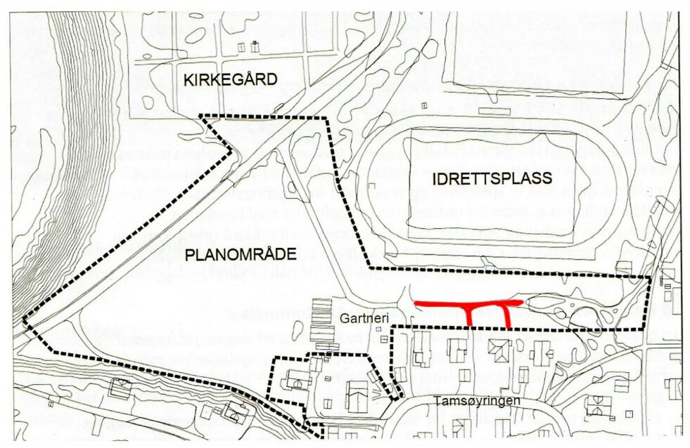 Detaljreguleringsplanen for Kirkegårdsveien boligfelt i Lakselv. Tvisten gjelder beboernes rett til uendra bruk av eksisterende grusvei merket med rødt til høyre på kartet. Den østlige «tarmen» av planområdet ble lagt inn i ettertid, og berører ikke det nye boligfeltet til venstre på plankartet.
 Foto: Plankart
