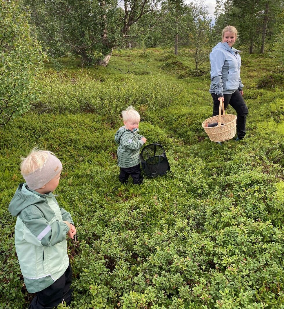 Nina og sønnene Jesper (4 år) og Othelius (snart 2 år) på leting etter sopp. Nina kan fortelle om rike fangster av gode matsopper som blant annet steinsopp og åkersjampinjong. Men favoritten hennes, kantarell, har hun enda ikke lykkes å finne i Finnmark.
 Foto: privat