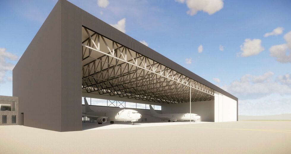 Illustrasjon av ny hangar for militære overvåkingsfly P-8.
 Foto: Forsvarsbygg