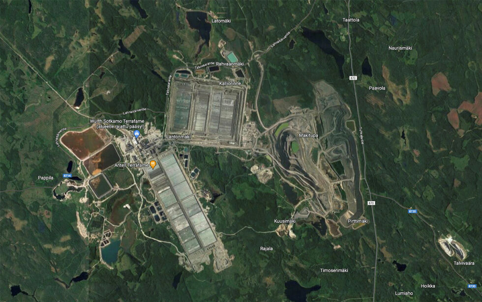 Talvivaara-gruva utenfor Sotkamo i Midt-Finland, en nikkelgruve, skal levere uran til landets kjernekraftprogram når kontrakten med Russland går ut i 2030.
 Foto: Google Earth