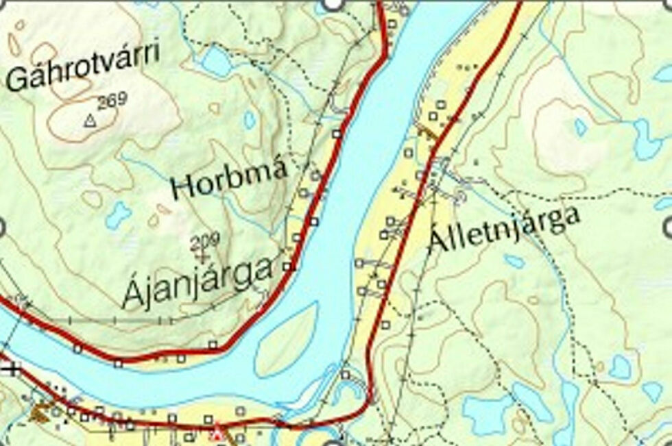 På dette utsnittet av kartet, ser man kun den nordsamiske varianten av stedsnavnet – Álletnjárga.
 Foto: Kartverket