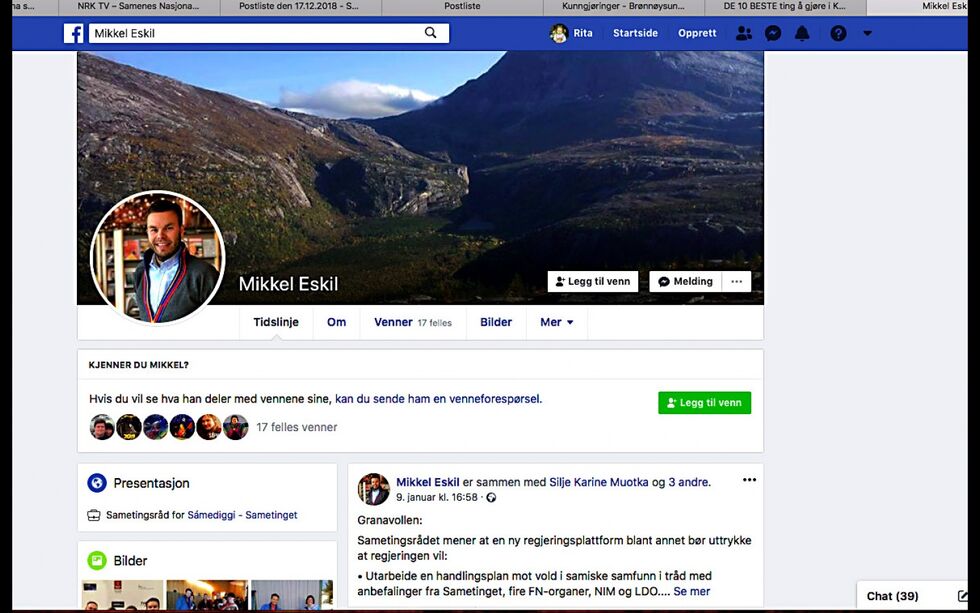 – De fleste av oss har allerede delt opplysninger om at vi er samer, se bare på sosiale media, argumentere sametingsråd Mikkel Eskil Mikkelsen for utredning av etnisk register.
 Foto: Skjermdump