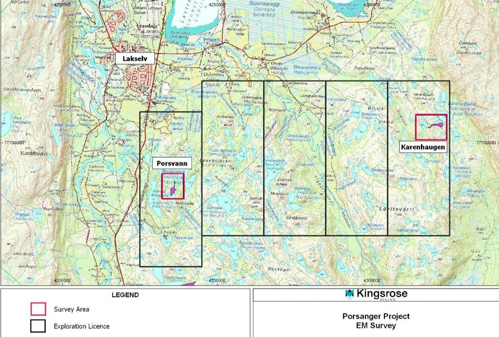 Kingsrose Mining vil undersøke områdene i Leavdnjavárri og Lavttevárri for verdifulle mineraler. Kabler skal strekkes i områdene merket med rødt, ved Porsvannene og Karenhaugen. Kart fra Kingsrose.