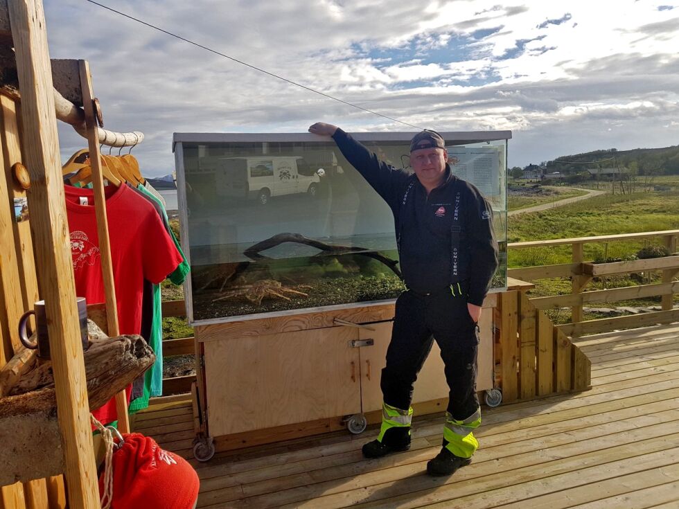 Turistene vil oppleve og se, og vi ønsker å by på noe, sier Peter Ivan i Lebesby som står bak King Crab Camp. Her viser han frem krabbene som turistene kan beskue i akvariet.
 Foto: Tom Hardy