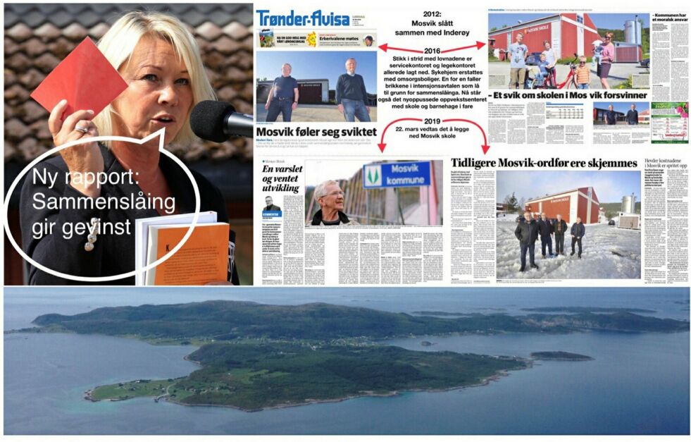 Med en ny rapport som omhandler Sandefjord, Inderøy og Harstad kommune (her fra Bjarkøy nederst) påstår Monica Mæland at sammenslåinger gir gevinst, men for hvem? (Bilder tatt og montasje med faksimiler laget av forfatteren)