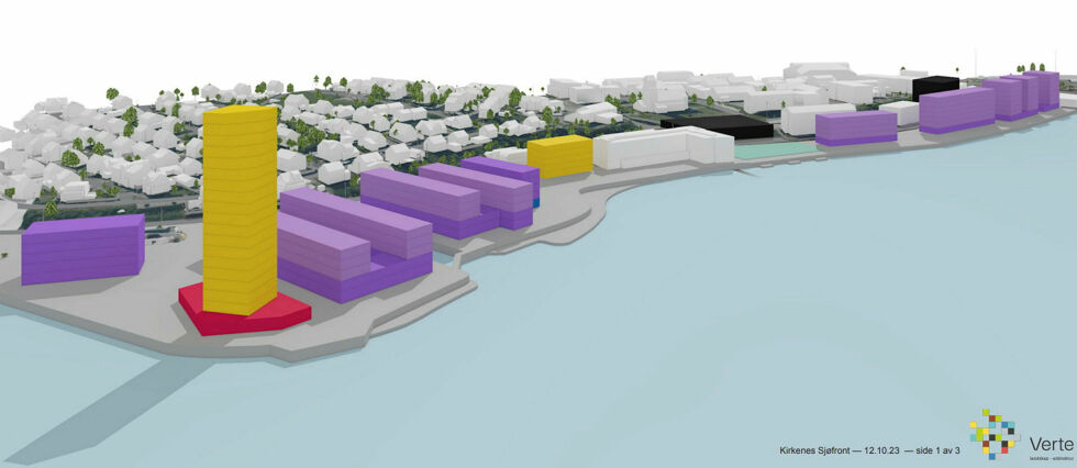 I planene inngår en bygning over langt flere plan enn øvrige bygninger, og det skal bygges sju bygninger øst for Thon-hotellet, som er den hvite bygningen med utstikker mot sjøen (blått).
 Foto: Kirkenes havn