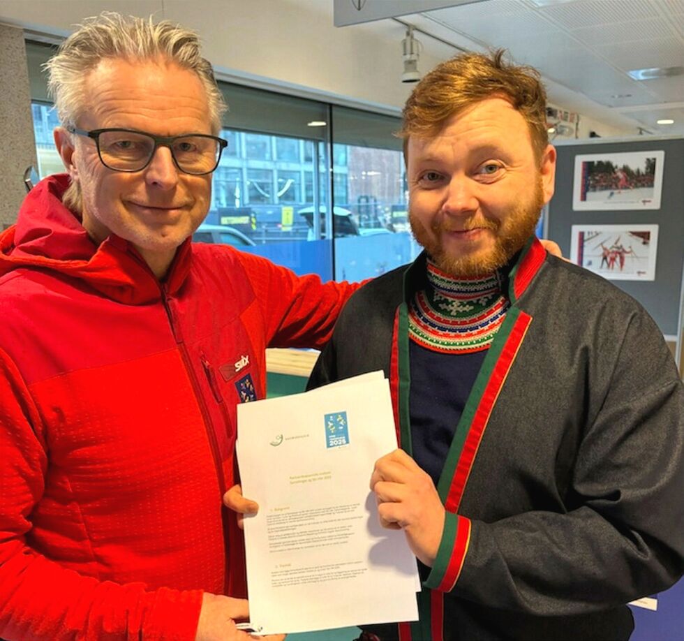 Sjef for Ski-VM 2025, Åge Skinstad, og prosjektkoordinator i Tråanten Saemien Dåehkie, Daniel Steinfjell.
 Foto: Ski-VM 2025