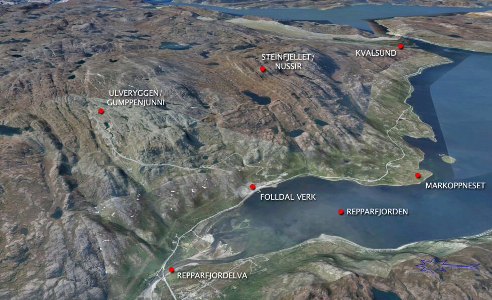 Det er dette området i Kvalsund det handler om. Ja eller nei til gruvedrift og utslipp i Repparfjorden.
 Foto:   nussir.no